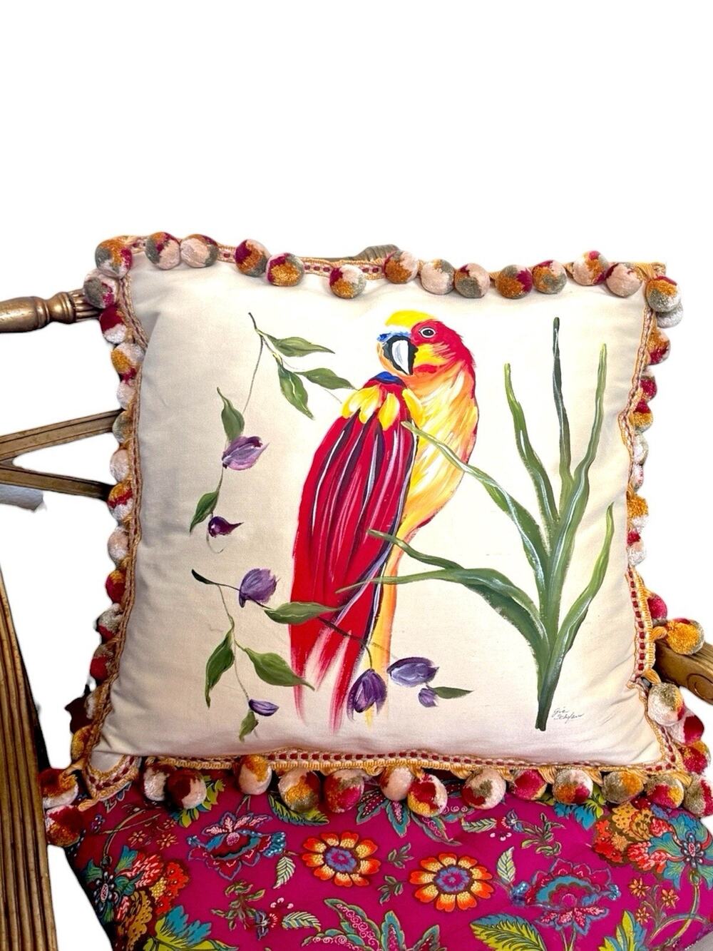 Silk Down Pillow Parrot Bird Poms Luxury IL FIORE Handmade Large 22x22" New